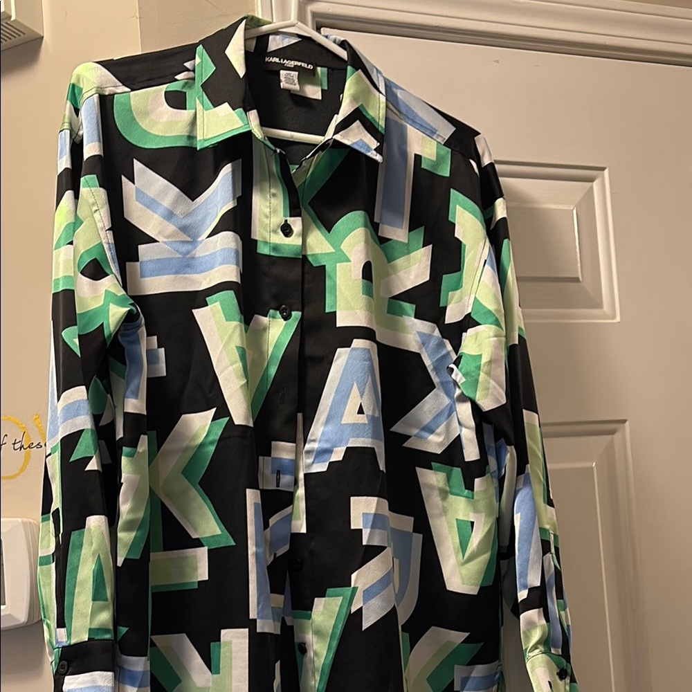 Karl Lagerfeld Black and Multicolor Graphic Button-Up Shirt